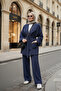 Imported Woven Draped Jacket Belted Double Suit Navy Blue - 2
