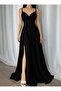 Women's Black Strappy Wrap Neckline Slit Maxi Evening Dress 452400, S