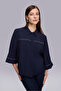 Chain Detailed Three Quarter Sleeve Navy Blue Blouse - 2