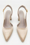 Women's Beige Satin Fabric Asymmetrical Strappy Pointed Toe Thick Heeled Shoes - 6