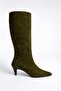 Women's Khaki Suede Heeled Pointed Toe Below-The-Knee Boots - 6