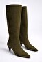 Women's Khaki Suede Heeled Pointed Toe Below-The-Knee Boots