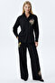 Pure Linen Embroidered High Waist Loose Cut Black Trousers - 3