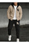 Two-Tone Hooded New York Print Full Winter Oversize Cardigan Tracksuit Set with Full Fleece Lining
