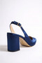 Women's Navy Satin Asymmetric Strapped Pointed Toe Block Heel Shoes - 5