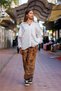 Brown Patchwork Bohemian Trousers with Pocket and Zipper Detail and Elasticated Legs