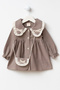 Lace Detailed Baby Collar Linen Baby Girl Dress with Bag Brown - 2