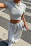 Women's Grey Melange Crop T-Shirt and High Waist Wide Leg Sweatpants Set Casual Daily Sport Combination - 4