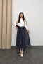 Women's Shawl Patterned High Waist Elastic Chiffon Maxi Length Long Skirt Blue