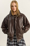 Women's Brown Stitching Detailed Lined Elastic Waist Pocketed Oversize Faux Leather Jacket 3173 60283894 - 2