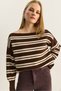 Women's Brown Boat Neck Striped Knitwear Sweater 34105 60283909