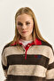 Women's Cream Brown Oversize Striped Polo Collar Heart Pattern Embroidered Knitwear Sweater 2632 60283920 - 3