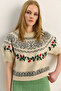 Women's Cream Embossed Embroidery Detailed Patterned Short Sleeve Knitwear Sweater 2616 60283921 - 2