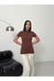 Fisherman Short Sleeve Cotton Bodysuit Beige-Acid Brown Half Fisherman Bodysuit High Neck T-Shirt T-Shirt - 6