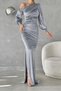 Gray One Shoulder Open Detail Velvet Fabric Maxi Length Long Sleeve Dress