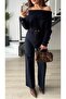 Navy Blue Asymmetrical Cut Madonna Collar Sweater - 6