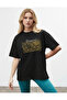 Women's Glittery Look Printed Crew Neck Black T-Shirt