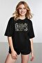Women's Leopard Pattern Slogan Printed Crew Neck Black T-Shirt