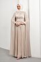 Stone Belt Stone-Studded Caped Pleated Evening Dress