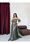 Khaki Strapless Balloon Sleeve Sequined Cape Evening Dress - 2
