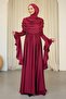 Burgundy Sleeve Layered Front Draped Satin Evening Dress