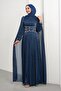 Navy Blue Pleated Evening Dress with Stone Belt and Cape