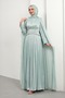 Mint Green Pleated Evening Dress with Stone Waist and Cape