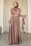Dark Mink Sleeve Layered Front Draped Satin Evening Dress