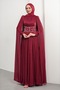 Burgundy Pleated Evening Dress with Stone Cape - 3