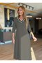 Women's Long Sleeve V-Neck Midi Length Green Modal Dress - 2