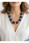 Wooden Bead Necklace Blue Gold Detailed Special Design Bijouterie Women's Necklace