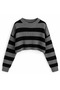 Black Gray Striped Crew Neck Crop Women's Knitwear Sweater - 3