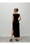 Slit Black Sleeveless Long Dress with Lace Detail at Waist - 3