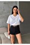 تي شيرت نسائي أبيض برقبة على شكل حرف V كبير الحجم 100% قطن lu Basic T-Shirt - 4