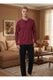 Men's New Season Burgundy Crew Neck Long Sleeve Special Design 100% Cotton Pajama Set - 6