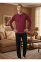 Men's New Season Burgundy Crew Neck Long Sleeve Special Design 100% Cotton Pajama Set - 3
