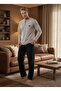 Men's New Season Gray Crew Neck Long Sleeve Special Design 100% Cotton Pajama Set
