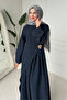 Minel Brooch-Detail Cupra Tansel Fabric Hijab Dress - Navy Blue - 4