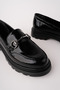 Viana Model Metal Buckle Detailed Black Wrinkled Patent Leather Women's Loafer Casual Shoes - 3