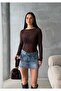 Women's Brown Boat Neck Stretch Fabric Lace Blouse