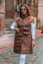 Brown Stand Collar Long Puffer Vest with Pocket Detail - 3