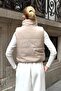 Beige D Mock Neck Short Puffer Vest with Stone Embroidery on the Back - 5