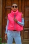 Pink Stand Collar Short Puffer Vest with Elastic Waist and Pockets - 2