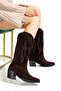 Brown Genuine Suede Stone-Studded Perforated Summer Western Cowboy Boots - 5