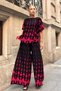 Red Fish Patterned Boat Neck Elastic Waist Pocketed Wide Leg Two-Piece Set - 3