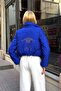 Cobalt Blue Stone Printed Stand Collar Short Puffer Jacket - 3