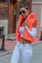 Pomegranate flower stand collar elastic waist pocket short puffer vest - 7