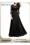 Women's Elegant Lace Long Dress 3/4 Sleeve Chiffon Party Wedding Maxi Dress Ladies Black Lace Slim E