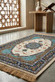 Shiny Textured Velvet Prayer Rug - Anatolian Pattern - 03 - Blue - 7