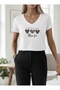 More Fun Heart Printed Women's Oversize V-Neck T-Shirt